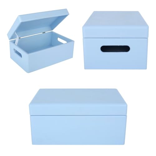 Creative Deco Large Blue Wooden Box Storage with Hinged Lid - color: Blue, size: L | Handles