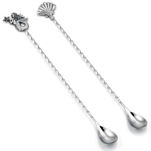 Homestia 12 Inch Bar Spoon, 2 Pcs Cocktail Spoon wIth Mermaid Shell Decor - color: 2PCS Seashell + Mermaid + Silver