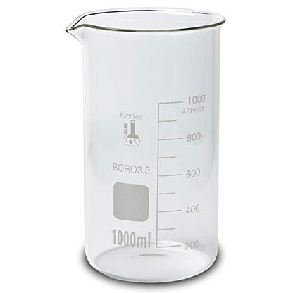 1000ml Beaker, Tall Form, 3.3 Borosilicate Glass, Double Scale, Graduated, Karter Scientific 213F15 (Single) - size: 1000ML, style: PACK OF 1