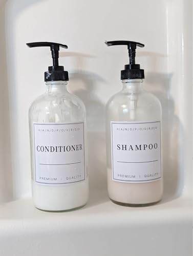 24 PCS White Waterproof Labels for Bottles, Shampoo and Conditioner Dispenser Label Stickers, Bathroom Hand Soap Label Stickers,Removable Cleaning Labels for Glass/Plastic Spray Bottle