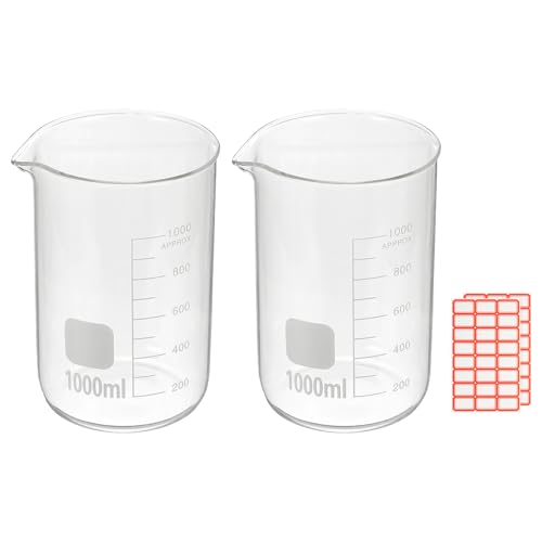 PATIKIL 1000ml Glass Beaker, 2 Pack Measuring Glass Beaker Graduated Borosilicate Lab Cups Mug Low Form Heat Safe Transparent with Spout Label for Laboratory Science Kitchen Liquids - size: 1000ml