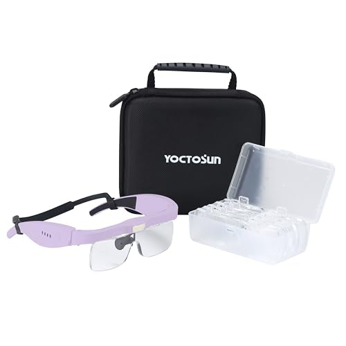 YOCTOSUN Headset Magnifier Glass with 3 LED Lights, Storage Case, Head Strap and 5 Detachable Lenses 0.75X,1.25X,2.0X,3.0X 4.0X, Magnifying Glasses for Close Work, Jewelry, Hobby, Crafts - color: Purple With Storage Case