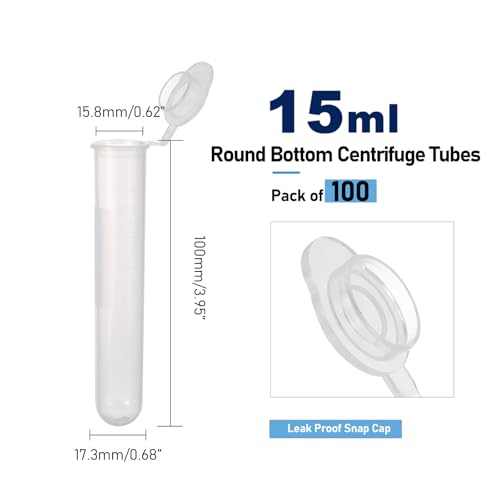 100Pcs 15mL Plastic Round Bottom Centrifuge Tubes, Lab Sample Vials