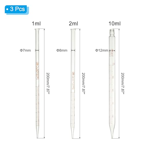 PATIKIL Graduated Dropper Pipettes Kit, 3 Pack 1ml/2ml/10ml Borosilicate Glass Pipette with Rubber Squeeze Bulb for Transfer Liquid for Lab, Chemistry - size: 1ml/2ml/10ml