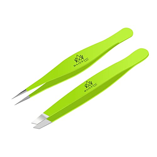 Majestic Bombay Precision Tweezers Set, Fine Point, Slant, Women and Men - color: Green