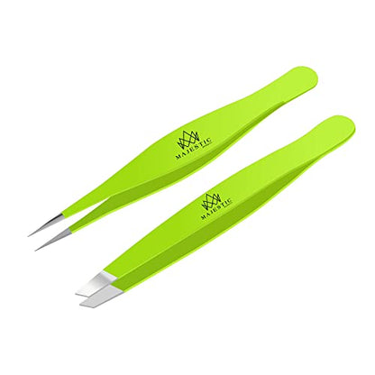 Majestic Bombay Precision Tweezers Set, Fine Point, Slant, Women and Men - color: Green