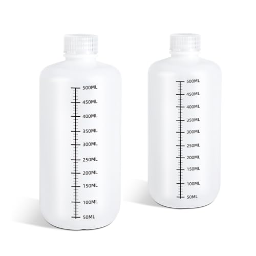 DEMORA 16oz Plastic Bottles with Airtight Caps for Liquids, Graduated Food Grade Plastic Containers, HDPE Thick Liquid Containers for Water Sample Medicine Laboratory Reagent (Translucent, 2 Pcs) - size: 16 Ounces