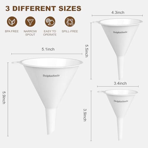 Plastic Kitchen Funnel Set of 3, Round Kitchen Funnels for Filling Bottles, Durable and Multifunctional Funnels for Filling Canning, Cooking, Lab or Car Oil (White) - color: White