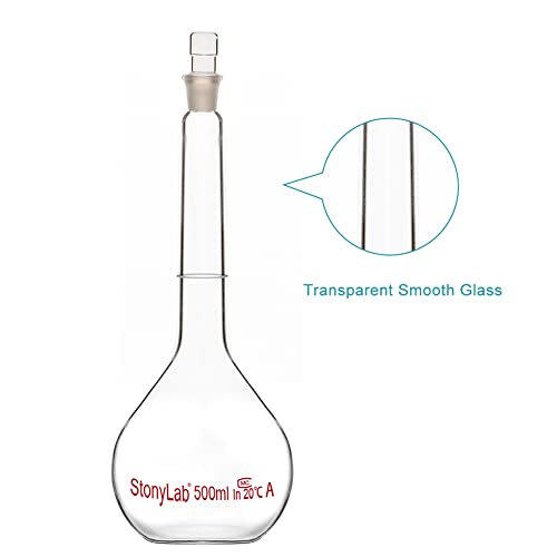 stonylab Glass Volumetric Flask Class A with Glass Stopper, Borosilicate Glass Heavy Wall Volumetric Flask Tolerance ±0.25 ml, 500 ml - size: 500 ml