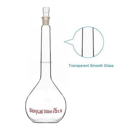 stonylab Glass Volumetric Flask Class A with Glass Stopper, Borosilicate Glass Heavy Wall Volumetric Flask Tolerance ±0.25 ml, 500 ml - size: 500 ml