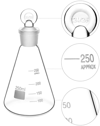 QWORK Glass Erlenmeyer Flask Set (50, 100 and 250ml), 6 Pack Graduated Borosilicate Glass Erlenmeyer Conical Flask with Glass Stopper for Lab, Experiment, Chemistry - color: 2 Sets