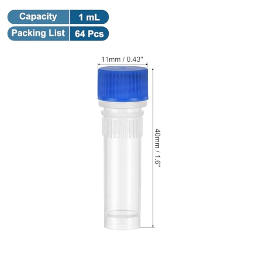 PATIKIL 1.0mL Plastic Cryogenic Vial, 64Pcs Cryogenic Storage Tube Lab Frozen Test Tube Container Storage Screw Cap for Lab Laboratory Science, Blue Clear - color: Blue, size: 1.0ml