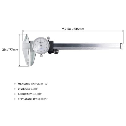 HFS 0-6 Inch Dial Caliper, 0.001 Inch Accuracy, 4-Way Measuring - size: 0-6" Carbon Steel
