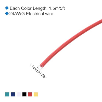 MECCANIXITY 24 Gauge PVC Hookup Wire 1.5m/5ft 24AWG Flexible Electrical Wire UL1007 Tinned Copper Stranded 6 Color, 1.5mm Dia for Model Aircraft Electric Appliances Internal Connect - size: 1.5m, 24AWG