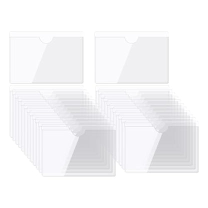MECCANIXITY Self-Adhesive Card Pockets 4.3" x 3.5" Clear Horizontal Pocket Label Holders Plastic Card Sleeves with Top Open for Library Storage Bins, Pack of 25 - size: 4.3" x 3.5", style: Horizontal