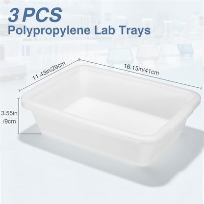 3 Pcs Polypropylene Lab Trays, 16.15 x 11.43 x 3.55 inch - size: 16.15" x 11.43" x 3.55"