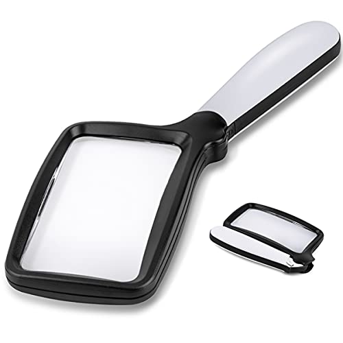 Folding Handheld Magnifying Glass with Light, 5X Large Rectangle Reading Magnifier with Dimmable LED for Seniors with Macular Degeneration, Newspaper, Books, Small Print, Lighted Gift for Low Visions - color: Black White
