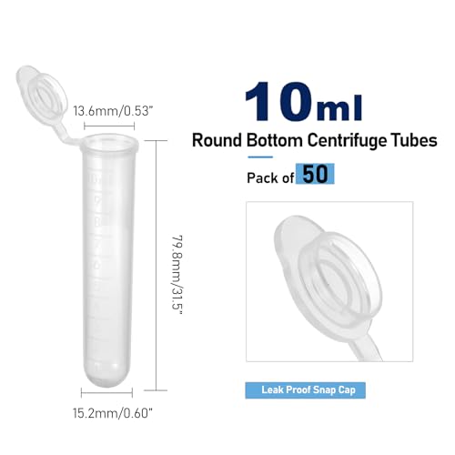 50Pcs 10ml Round Bottom Centrifuge Tubes with 1Pcs Rack