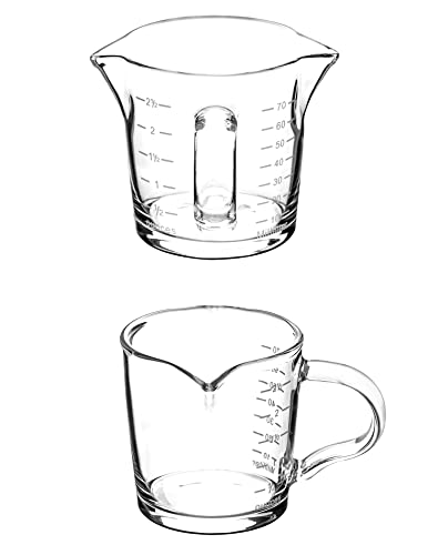 QWORK Espresso Shot Glass with Handle, 2 Pack 3-Ounce Double Spout Glass Measuring Cup Triple Pitcher Milk Cup with Two Scales (OZ&ML)