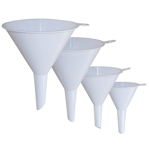 KongNai 4 Pieces Plastic Funnel Set for Kitchen and Automotive Use, Mini, Small, Medium and Large Funnel for Filling Bottles, Canning, Cooking, Lab or Car Oil Funnels (White) - color: White