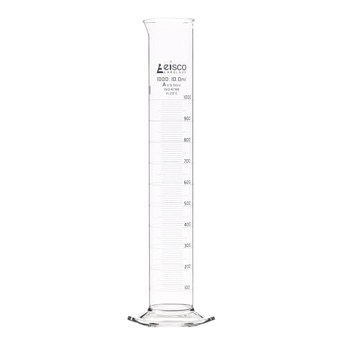 Graduated Cylinder, 1000ml - Class A Tolerance ±5.00ml - Hexagonal Base - Blue Graduations - Borosilicate 3.3 Glass - Eisco Labs - size: 1000mL