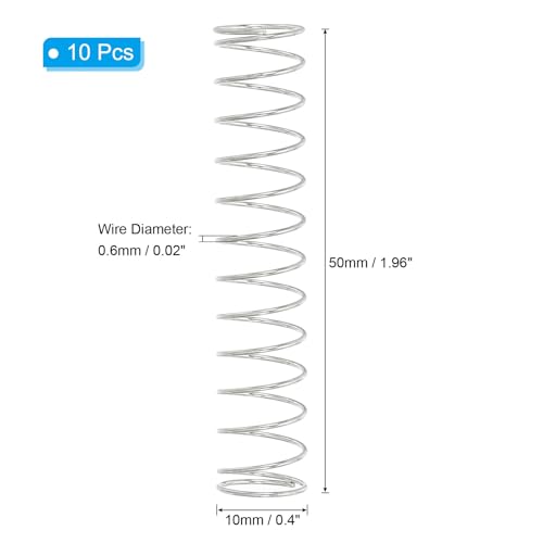 PATIKIL Compression Spring, 0.6mm Wire Dia x 10mm OD x 50mm L, 10 Pcs 304 Stainless Steel Mechanical Extension Small Springs Pen Springs Assortment Kit for Shop and Home Repairs - size: 0.6x10x50mm