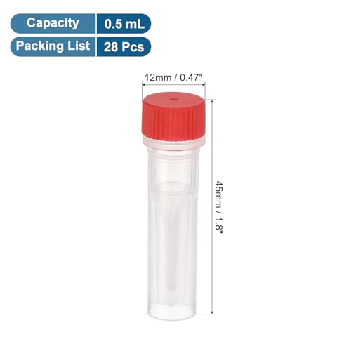 PATIKIL 0.5mL Plastic Cryogenic Vial, 28Pcs Cryogenic Storage Tube Lab Frozen Test Tube Container Storage Screw Cap for Lab Laboratory Science, Red Clear - color: Red, size: 0.5ml