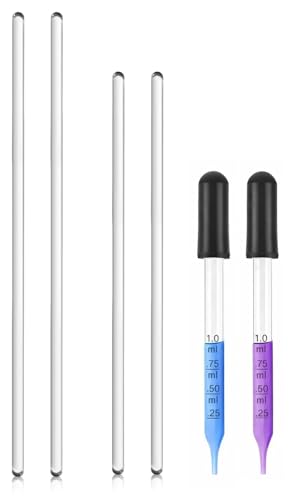 4Pcs Glass Stir Sticks Lab Stirring Rod 8"x 2 10"x 2 with Both Ends Round and 2Pcs Glass Graduated Droppers 4"x 2 for Science, Lab, Kitchen, Science Education