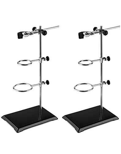 QWORK Chemistry Laboratory Stands Support Set, 2 Set Steel Lab Stand with Cast Iron Base, Rod 16" L with Burette Clamp and Flask Ring Clamps, 2 Retort Rings (Dia. 2"/2.8") - color: 2 pack, size: 16"