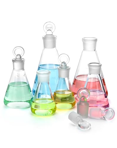 QWORK Glass Erlenmeyer Flask Set (50, 100 and 250ml), 6 Pack Graduated Borosilicate Glass Erlenmeyer Conical Flask with Glass Stopper for Lab, Experiment, Chemistry - color: 2 Sets