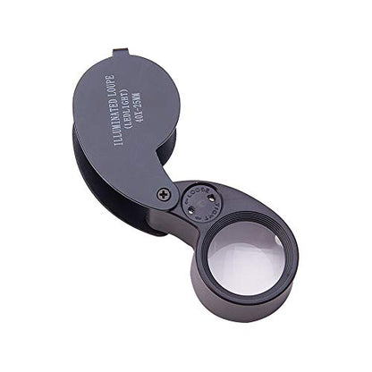 Othmro 1Pcs 40X Magnifying Glass with Light, Diameter 0.98inch Metal LED Illuminated Jewelry Magnifier, Pocket Folding Magnifying Glass, Round Mini Microscope Jewelers Eye Loupe Gauge for Stamps Black - color: B 40x/25mm