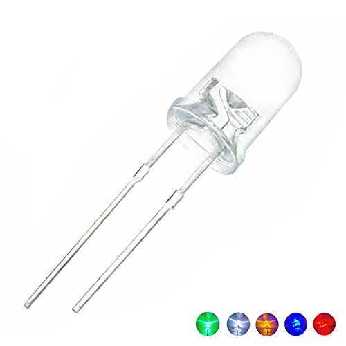 100pcs (5 Colors x 20pcs) 5mm LED Diode Lights Assortment (Clear Transparent Lens) Emitting Lighting Bulb Lamp Assorted Kit Variety Color White Red Yellow Green Blue
