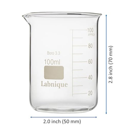 Labnique Borosilicate 3.3 Glass Griffin Beaker, Low Form Beaker with Printed Graduation (100ml x8) - size: 100ml x8
