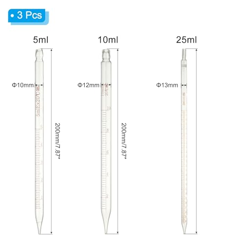 PATIKIL Graduated Dropper Pipettes Kit, 3 Pack 5ml/10ml/25ml Borosilicate Glass Pipette with Rubber Squeeze Bulb for Transfer Liquid for Lab, Chemistry - size: 5ml/10ml/25ml