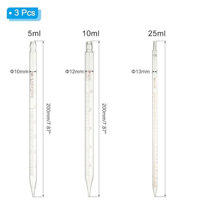 PATIKIL Graduated Dropper Pipettes Kit, 3 Pack 5ml/10ml/25ml Borosilicate Glass Pipette with Rubber Squeeze Bulb for Transfer Liquid for Lab, Chemistry - size: 5ml/10ml/25ml