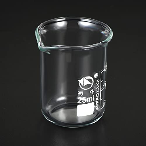 PATIKIL 25ml Low Form Glass Beaker, 3.3 Borosilicate Glass Graduated Printed Scale Measuring Cups with Spout for Kitchen Lab Liquids Transit Boiling - size: 25ml