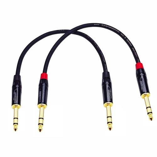 1/4 Inch TRS Cable 1 Foot 2-Pack, 6.35mm Balanced Male to Male Patch Cable, Gold Plated OFC Noise Rejection for Studio Monitor, Mixer, Amplifier, Keyboard, DJ Equipment, Audio Interface