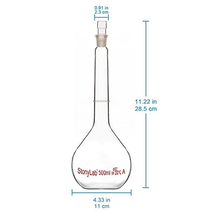 stonylab Glass Volumetric Flask Class A with Glass Stopper, Borosilicate Glass Heavy Wall Volumetric Flask Tolerance ±0.25 ml, 500 ml - size: 500 ml