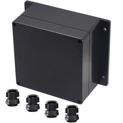 Project Box ABS Black Electrical Boxes IP65 Outdoor Waterproof Box Electronic Junction Box Fixed Ear Power Enclosure with Cable Glands for DIY Project 6.3 x 6.3 x 3.54 inch (160x160x90mm) - size: 6.3"x6.30"x3.54"