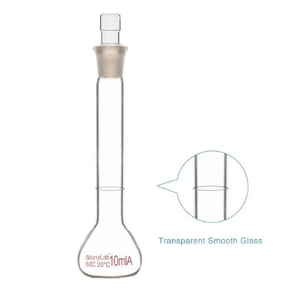 stonylab Glass Volumetric Flask Class A with Glass Stopper, Borosilicate Glass Heavy Wall Volumetric Flask Tolerance ±0.02 ml, 10 ml - size: 10 ml