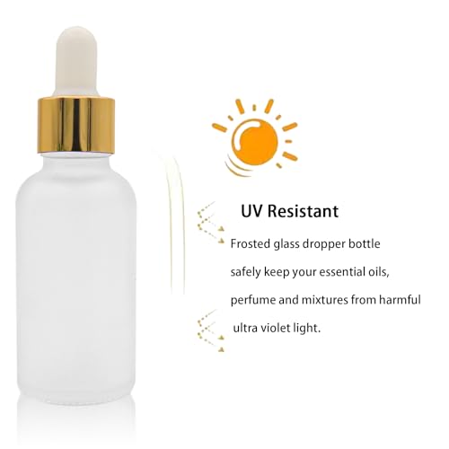 12 Pack,Clear Frosted Glass Dropper Bottle for Essential Oils,Empty Glass Liquid Holder With Glass Eye Dropper,Golden Caps Travel Perfume Cosmetic Container-Pipette&Funnel included (30ml/1oz) - color: Clear Frosted, size: 1 Ounces
