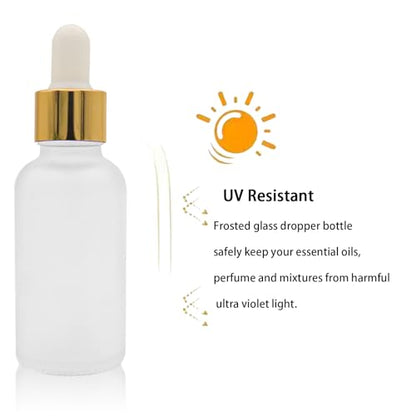 12 Pack,Clear Frosted Glass Dropper Bottle for Essential Oils,Empty Glass Liquid Holder With Glass Eye Dropper,Golden Caps Travel Perfume Cosmetic Container-Pipette&Funnel included (30ml/1oz) - color: Clear Frosted, size: 1 Ounces