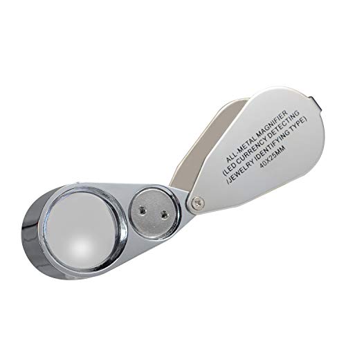 2 Pack 40X Full Metal Illuminated Jewelry Loop Magnifier, XYK Pocket Folding Magnifying Glass Jewelers Eye Loupe with LED(LED Currency Detecting/Jewelry Identifying) - size: 2
