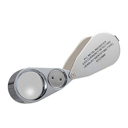2 Pack 40X Full Metal Illuminated Jewelry Loop Magnifier, XYK Pocket Folding Magnifying Glass Jewelers Eye Loupe with LED(LED Currency Detecting/Jewelry Identifying) - size: 2