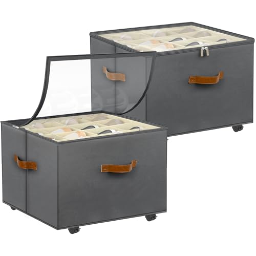 Foyego 2 Pack Shoe Organizer for Closet, Shoe Storage with Wheels, Gray - color: Gray, size: 17"L x 17"W x 12 ½"H-2 Pack