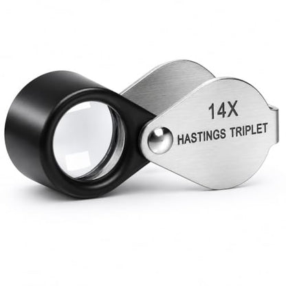 14X Hastings Jewelers Loupe, Mini Triplet Loupe with 12mm Triplet Lens, Stainless Steel Body, Foldable Design, Protective Pouch, Pocket Size Jewelry Loop Magnifier for Gemstone & Coin Collecting