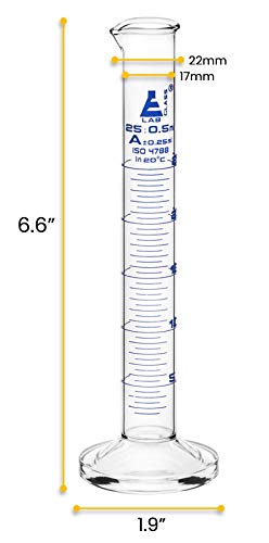 Graduated Cylinder, 25ml - Class A Tolerance ±0.25ml - Round Base - Blue Graduations - Borosilicate 3.3 Glass - Eisco Labs - size: 25mL