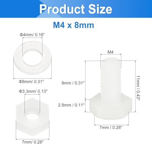uxcell 300 Pcs/100 Sets Nylon Hex Bolts, M4 x 8mm Plastic Full Threaded Hex Head Screws Bolts and Nuts with Flat Washers for Machinery Electronics Industrial Accessories, White - size: M4 x 8mm