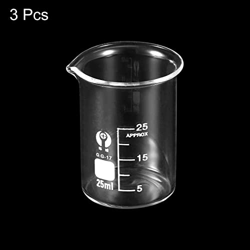 PATIKIL 3Pcs 25ml Low Form Glass Beaker, 3.3 Borosilicate Glass Graduated Printed Scale Measuring Cups with Spout for Kitchen Lab Liquids - size: 25ml