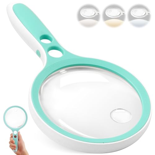 Large Magnifying Glass with Light,10X 25X 45X 60X Handheld Illuminated Lighted Magnifier, 5in Page Reading Magnifier with 12 LED Lights for Seniors Reading, Coins, Jewelry, Close Work - Green - color: Green